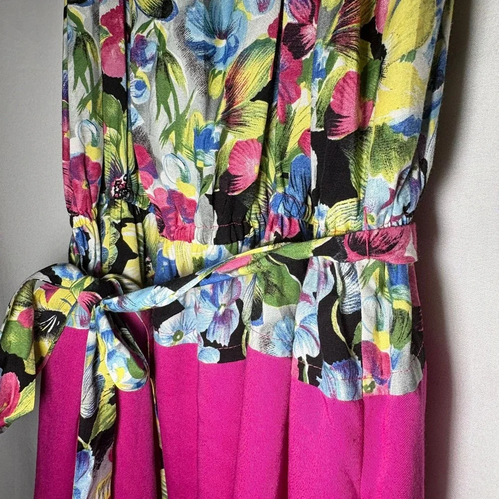 Vintage 90s Handmade Floral‎ Pink Midi Maxi Dress Elastic Waist Pintuck Hem